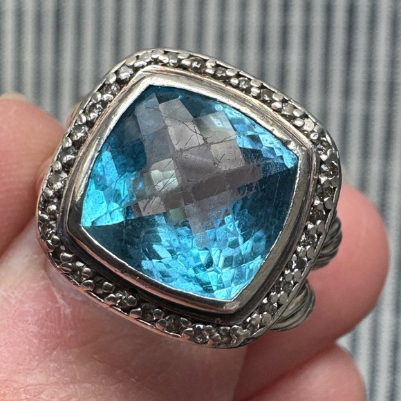 David Yurman Albion Ring Sterling Silver with Blue Topaz and Diamonds, 11mm - Picture 15 of 15